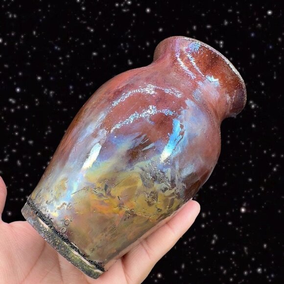 Vintage Raku Studio Art Pottery Vase Iridescent Glaze Hand Made Vessel Signed 5” - Picture 11 of 16